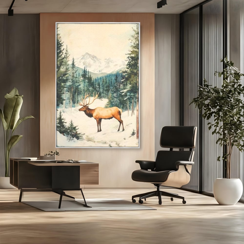 Tablou canvas cu tablou canvas cu cerb in zapada, in rama de aluminiu argintiu, pe perete intr-un birou